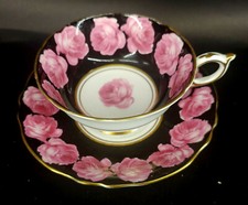 Paragon Pink Cabbage Rose Black Cup & Saucer Double Warrant England mABQ picture