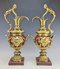 Gorgeous Lrg 19C French Pair Rouge Marble Gilt Bronze Ewers Napoleon III picture