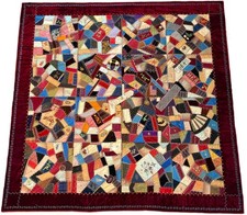 ANTIQUE MINT MUSEUM SIGNED dated 1885 SILK & VELVET VICTORIAN CRAZY QUILT 75x75