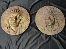 2 Late 19th Century Large Cast Iron Indian Chief Building Plaque Reliefs Rare picture