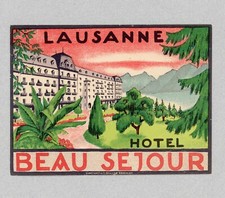 Hotel Beau Séjour Lausanne, Switzerland, c.1920, Very rare hotel luggage label picture