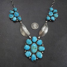 Radiant E. MARTINEZ Navajo KINGMAN TURQUOISE CLUSTER Sterling Silver NECKLACE picture