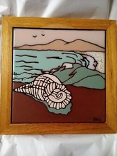 Terra Cotta Art Tile Signed By Artist Bette Southwestern Beach Scene w/ Shell picture