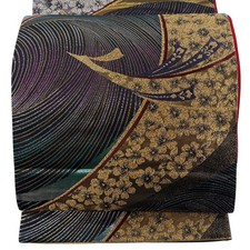 Japanese Silk Fukuro obi Black Bird Cherry blossom Foil Excellent Rokutsu 075680 picture