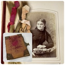 Antique Victorian 1880s Photo Album w 2 Locks of Hair 6 Images Metal Clasp OOAK picture