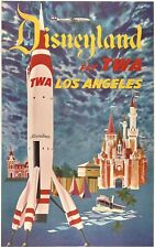 Original Vintage Poster DISNEYLAND FLY TWA LOS ANGELES MOONLINER Travel NM LINEN picture