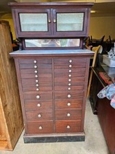 Antique 1920s Dental Storage Cabinet with Original Tools and Trays Medical Oak picture
