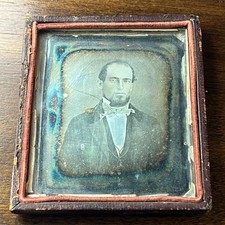 Antique 1840s 6th Plate Daguerreotype Portrait Man Cravat Solarization Half Case picture