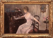 Large 1909 English Portrait Of An Elegant Lady At Her Writing Desk Percy STURDEE picture