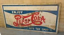 Rare VTG Antique 1930's 1940's stamped metal Pepsi Cola Hits The Spot 8x4 Sign  picture