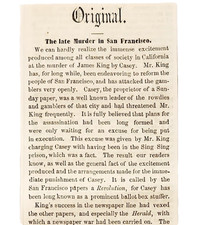 1856 Murder Of James King San Francisco Vigilante Casey News Article Clipping picture