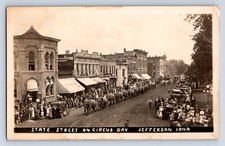 Vintage RPPC Jefferson IA Iowa Circus Parade Elephants Busy Crowd Businesses U1 picture