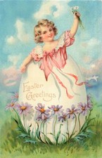 c1910 Fantasy Girl Hatching Huge Exaggerate Egg Gel Germany Easter P360 picture