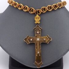 Victorian 14k Rose Gold Large Pearl Cross Pendant Link Chain Necklace 21in 53gr picture