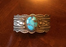 BRACELET NAVAJO SINGLE STONE TEARDROP TURQUOISE STAMPED SILVER FRED MALONEY picture