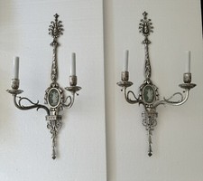 PAIR Wedgwood Antique French Neoclassical Wall Sconces Silver-plate PALATIAL 28” picture