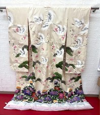 UNUSED Kimono Iro Uchikake with Crane and Pine Design in Beige pure silk JAPAN picture