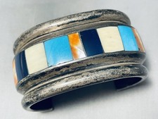 161 GRAMS HEAVY VINTAGE NAVAJO TURQUOISE INLAY STERLING SILVER BRACELET OLD picture