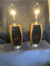 Pair of Walnut Smoked Lucite and Chrome MCM Lamps by Lawrin - Flickering Modern picture