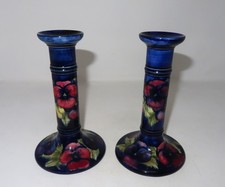 Moorcroft Pottery - Pair of Pansy Pattern 1920's Candle Stick Holders, 7 1/4