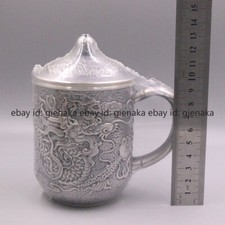 Fine 999 Pure Silver Mug Handmade Dragon Pattern with Lid Tea Cup Mugs 5.11inchH picture
