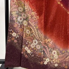 Japanese Silk Houmongi Kimono M 165cm Vermilion Tokunaga Kenpo Yamato Floral picture