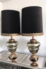 Fancy Pair Of Tall large mid Century Mirrored gold leaf patina velvet lamps picture