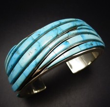 Earl Plummer NAVAJO Heavy Sterling Silver WAVES of TURQUOISE Cuff BRACELET picture