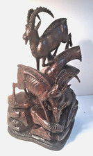 ANTIQUE BLACK FOREST WOOD MASTER CARVED SWISS ALPINE IBEX-GOAT FAMILY SCULPTURE picture