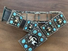 Navajo Large Native American Concho Belt Zuni Inlay Turquoise Sterling Kachina picture