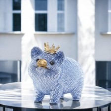 Jay Strongwater Gatsby Pave Piggy Bank Pale Blue Crystal Crown Box SDH6653-225 picture