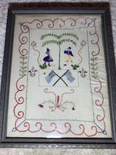 Antq Early Original Dutch Art Embroidery Needlework Hand Stitched Framed Signed picture