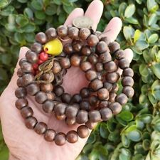 Antique Blessed Agarwood 10mm Gold Buddha Symbol Prayer Bead Necklace 108 Rosary picture