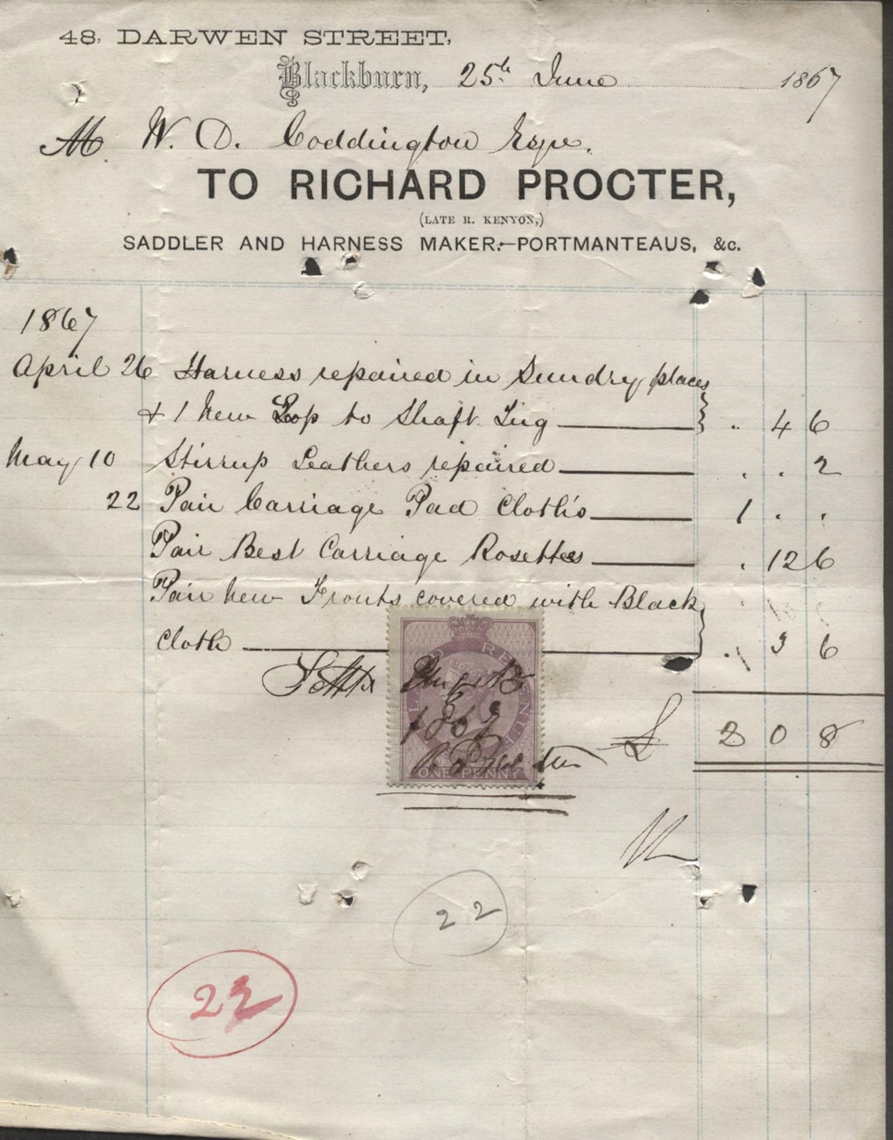 1867 BLACKBURN, RICHARD PROCTOR, SADDLER, LEATHER WORK 48 DARWEN STREET BILLHEAD
