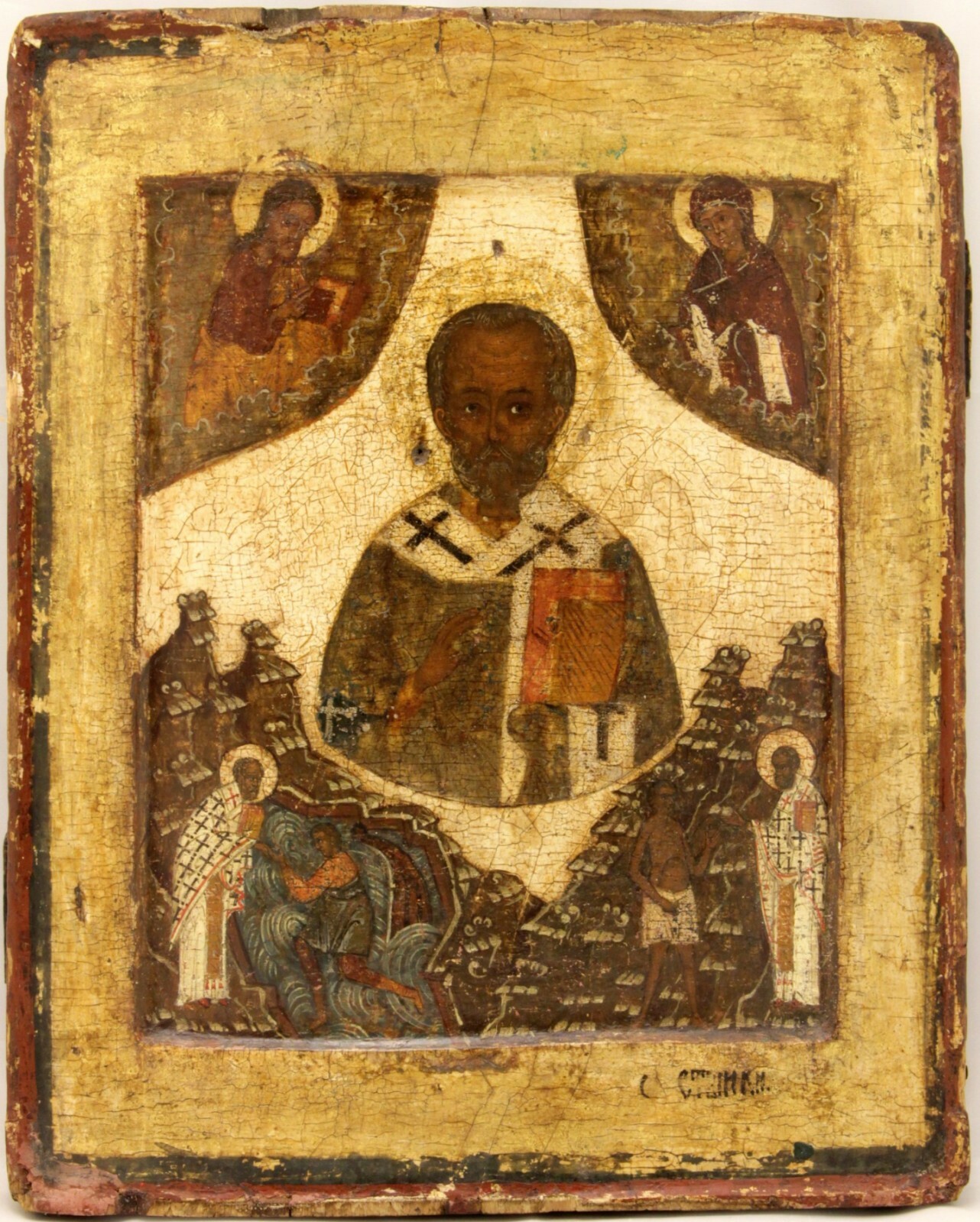 16c ANTIQUE HAND PAINTED RUSSIAN ICON OF ST.NICHOLAS WITH LIFE SEENS KOVCHEG