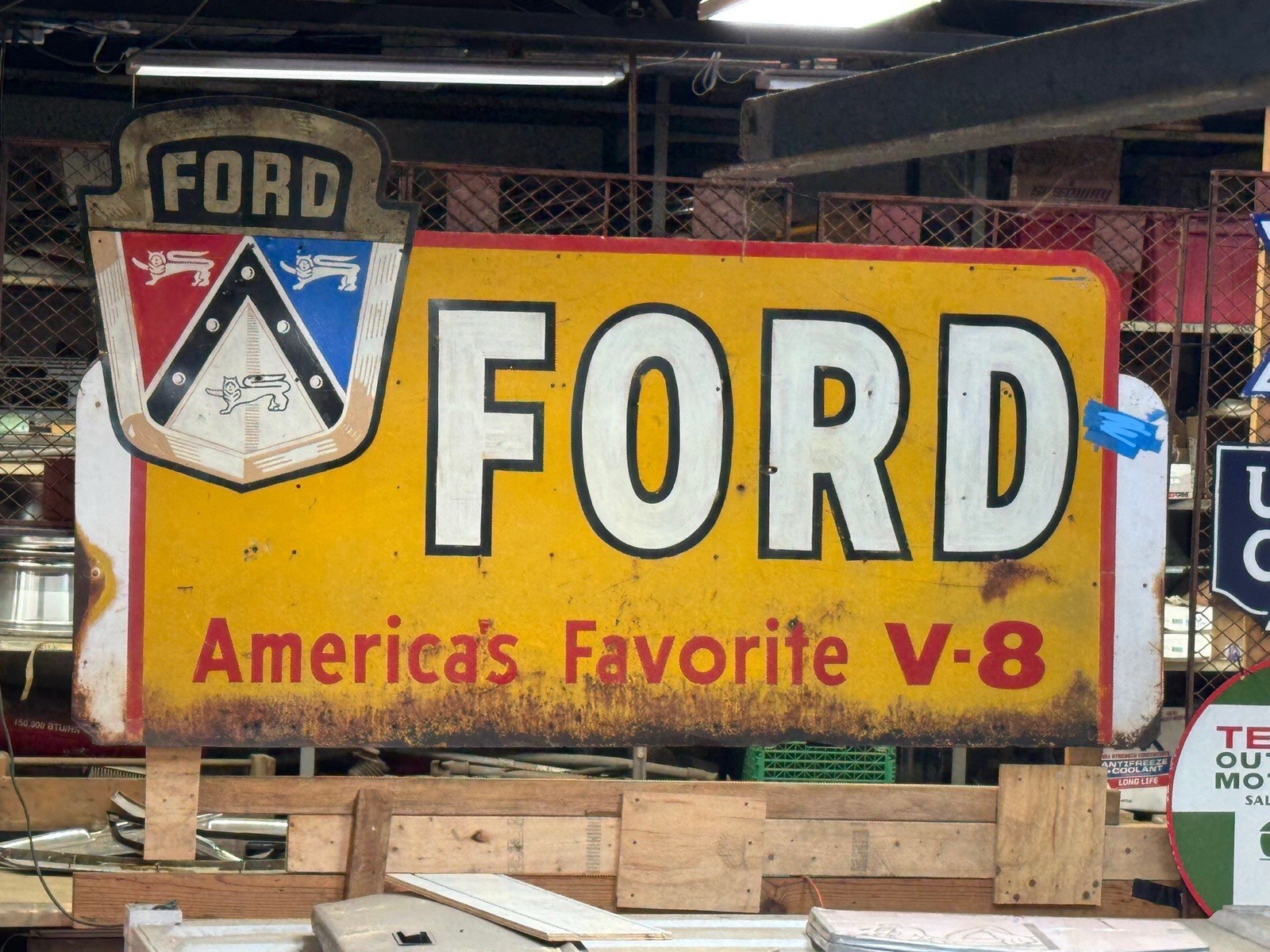 FORD AMERICA'S FAVORITE V-8 METAL  SIGN 101”x 51” Rare 2 Piece Sign
