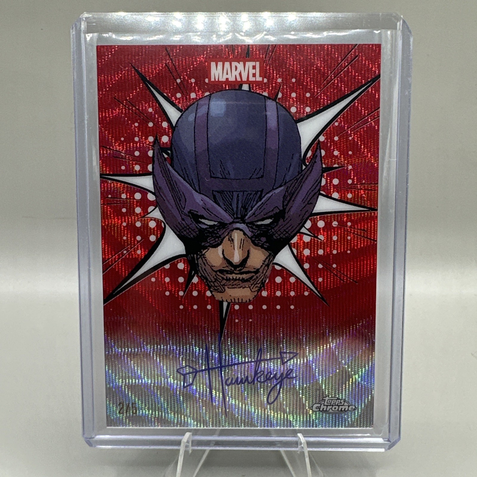 2025 Marvel Topps Chrome Red Wave Mask Off Hawkeye/Clint Barton Dual Auto 2/5