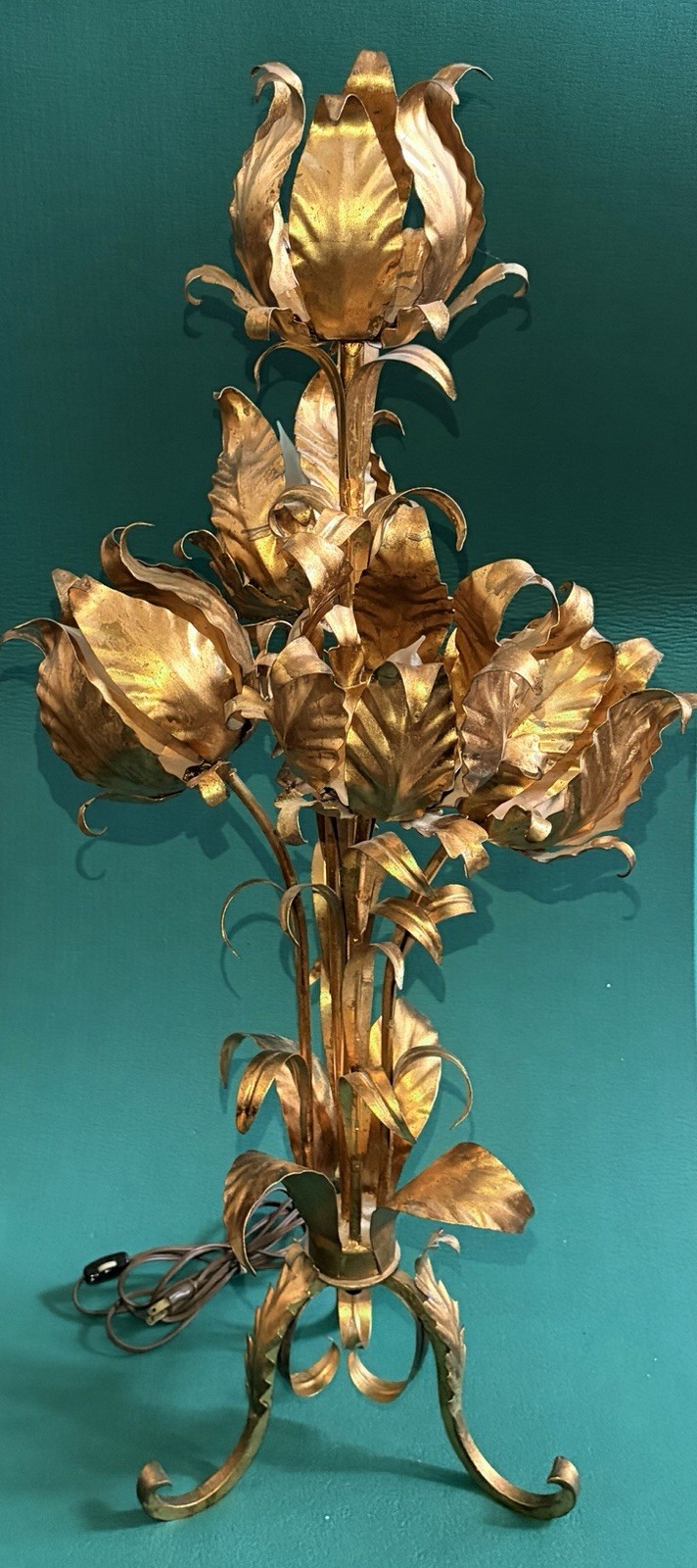 Vintage Hollywood Regency Coco Chanel Style Italy Tole Flower Table Lamp, 36