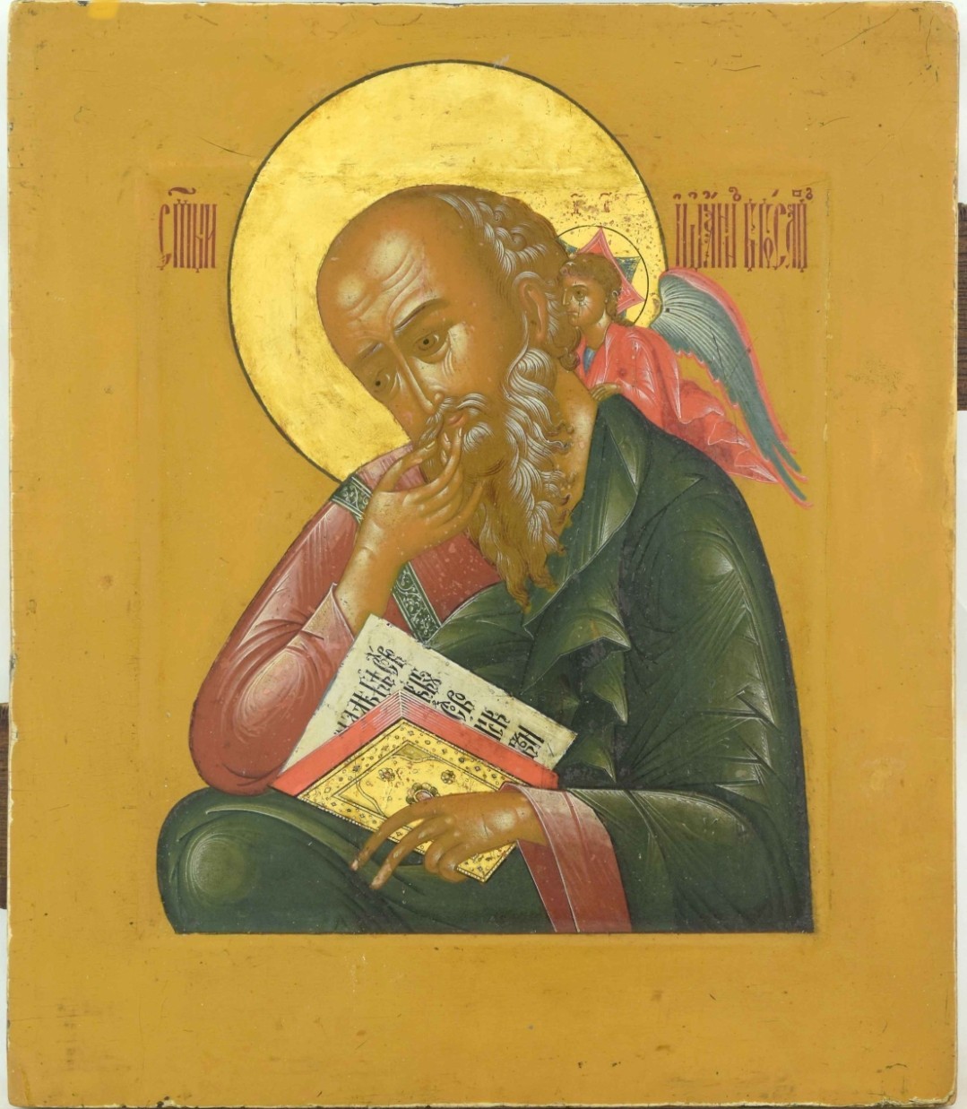  ANTIQUE 19c HAND PAINTED  RUSSIAN ICON OF THE JOHN IN SILENCE , PALEKH (15144)