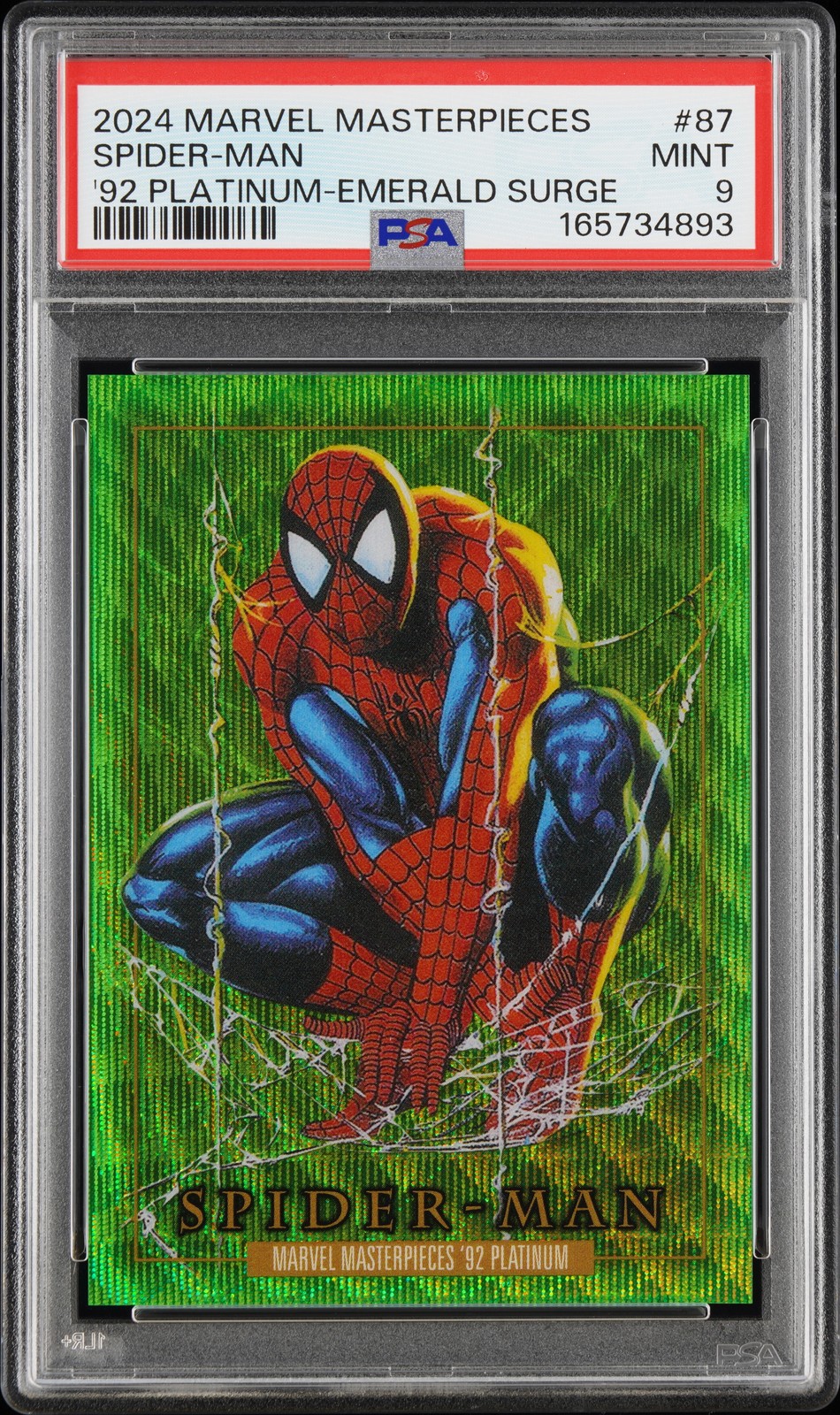 2024 UD MARVEL MASTERPIECES '92 PLATINUM EMERALD SURGE #87 SPIDER-MAN 9/10 PSA 9 2024 UD MARVEL MASTERPIECES '92 PLATINUM EMERALD SURGE #87 SPIDER-MAN 9/10 PSA 9