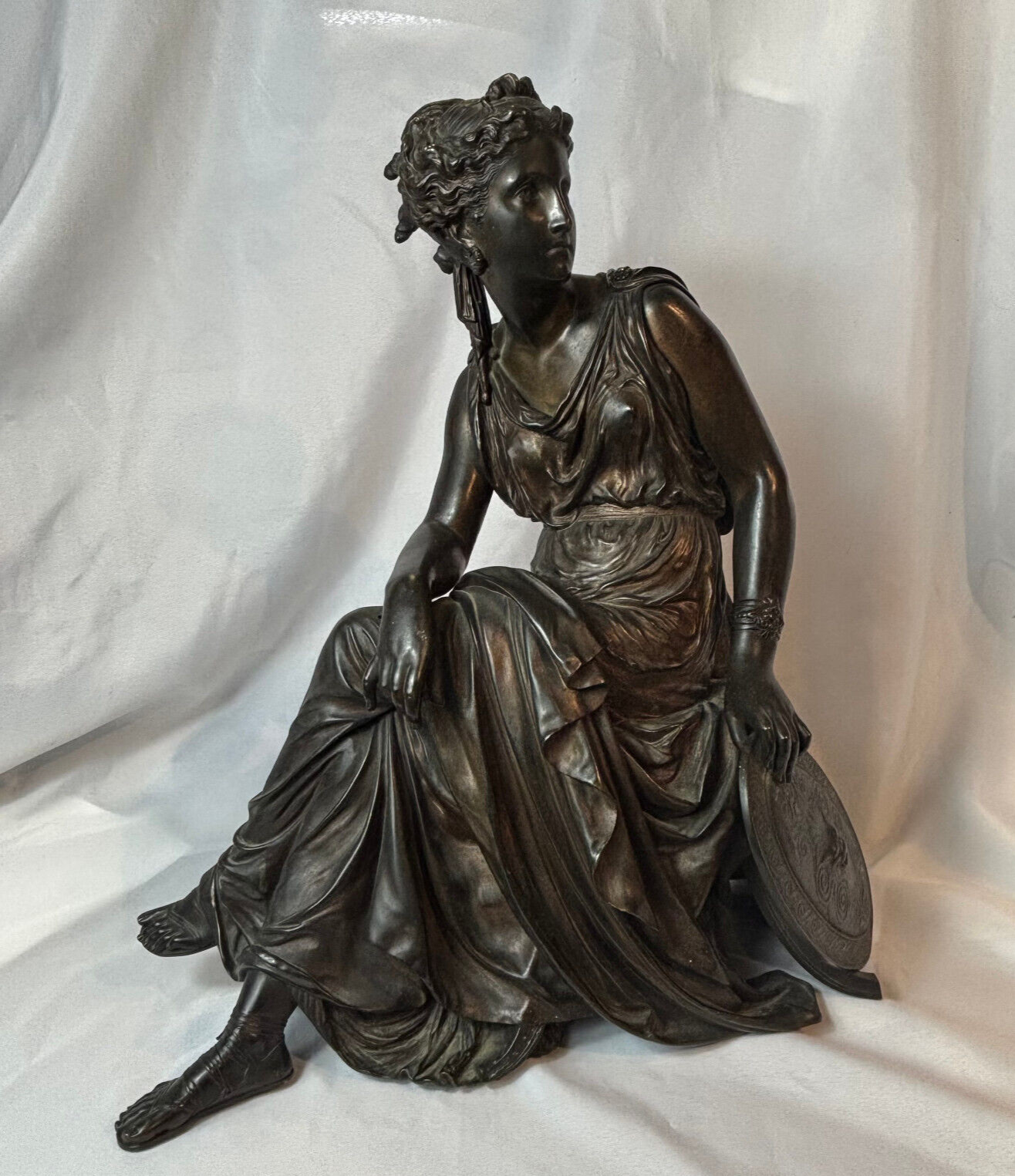 Antq Neoclassical Leon Pilet Bronze Sculpture Seated Greco Roman Lady W/ Shield