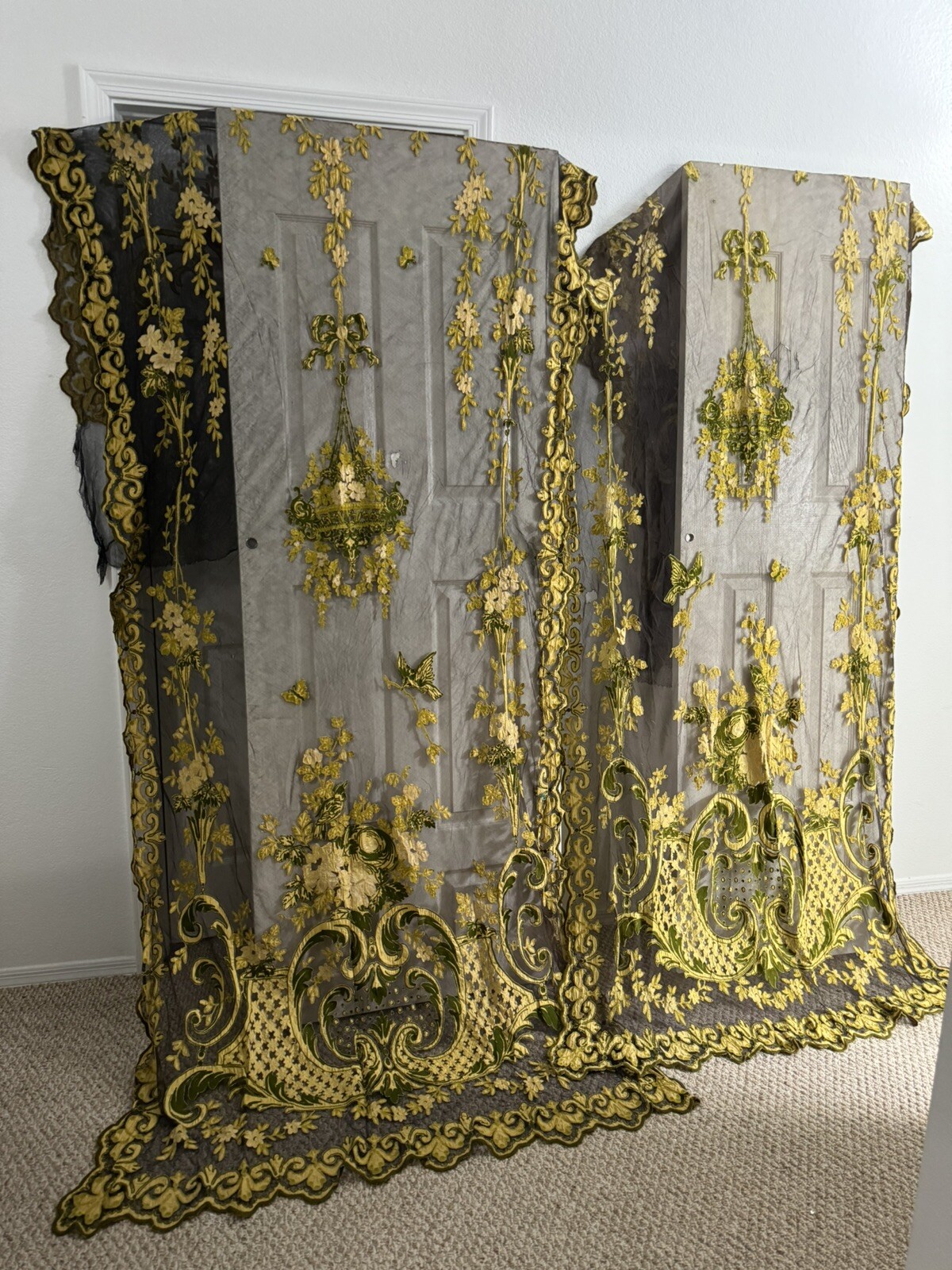 Pair Antique French Lace Curtain Panels Lace Decoupage Hand Embroidery 47” x132”