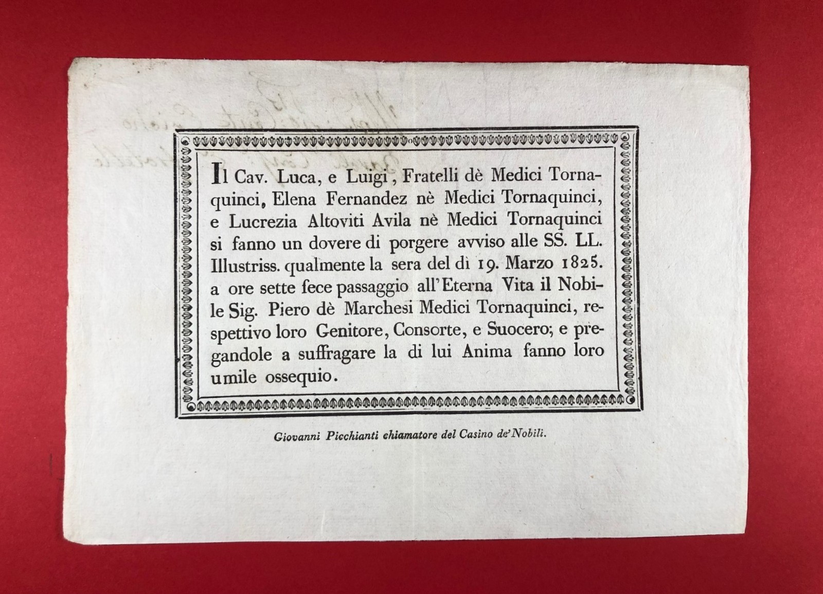 Rare Luttino - Funeral Announcement Florence Medici Tornaquinci 1825
