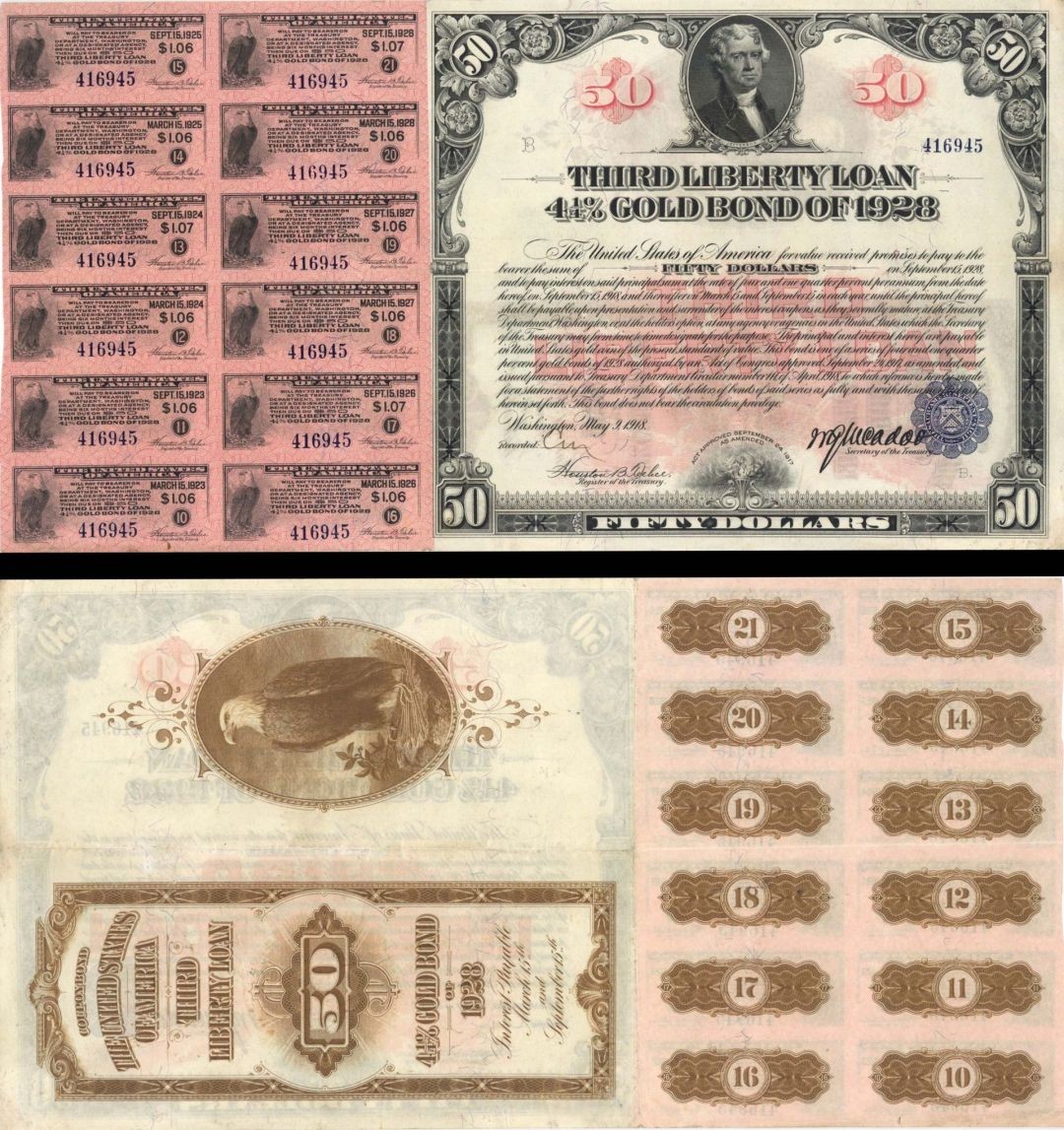 $50 1918 3rd Liberty Bond - Many Coupons Remain - 1918 dated U.S. Treasury Bon $50 1918 3rd Liberty Bond - Many Coupons Remain - 1918 dated U.S. Treasury Bon
