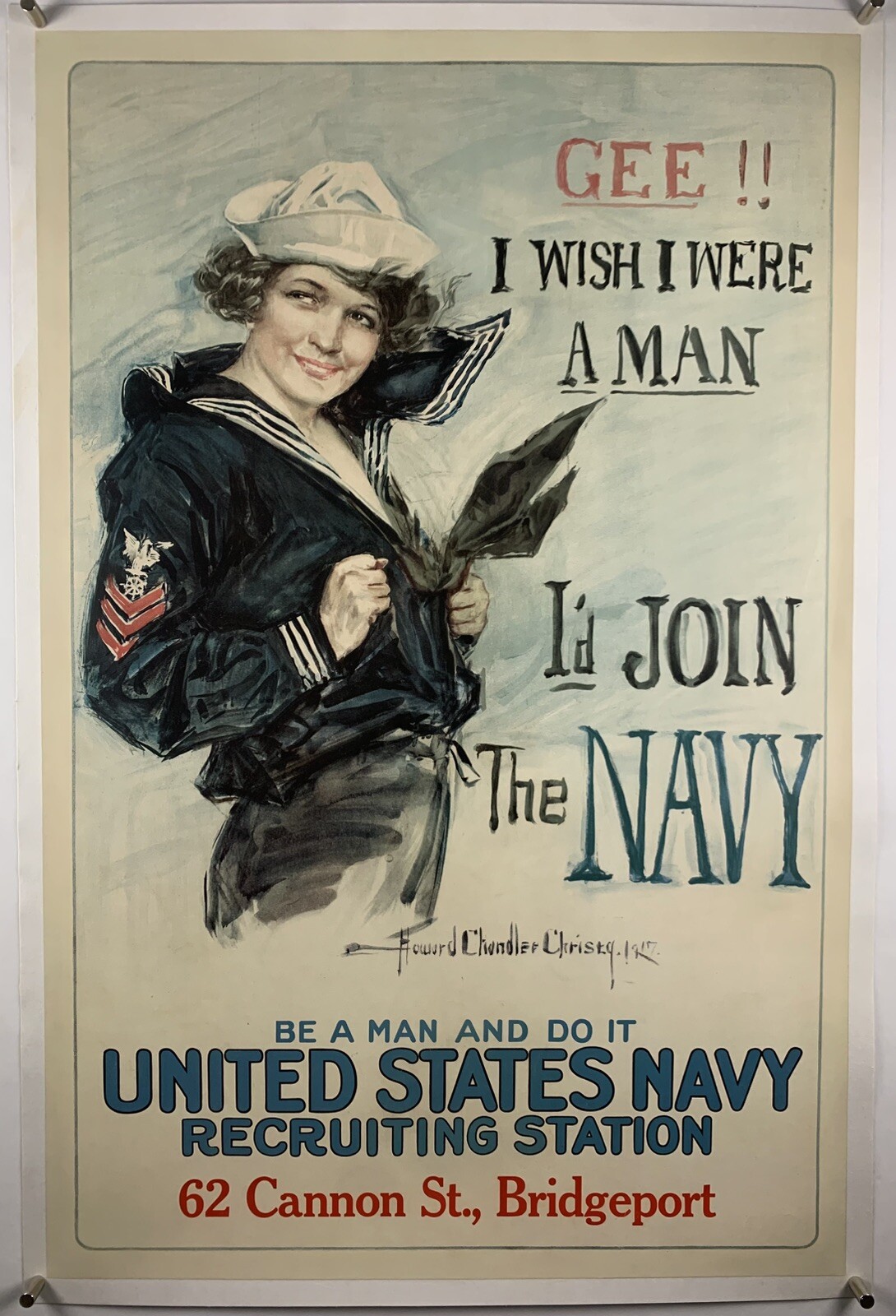GEE I WISH I WERE A MAN I'D JOIN NAVY Linen Orig War Poster WW1 Chandler Christy