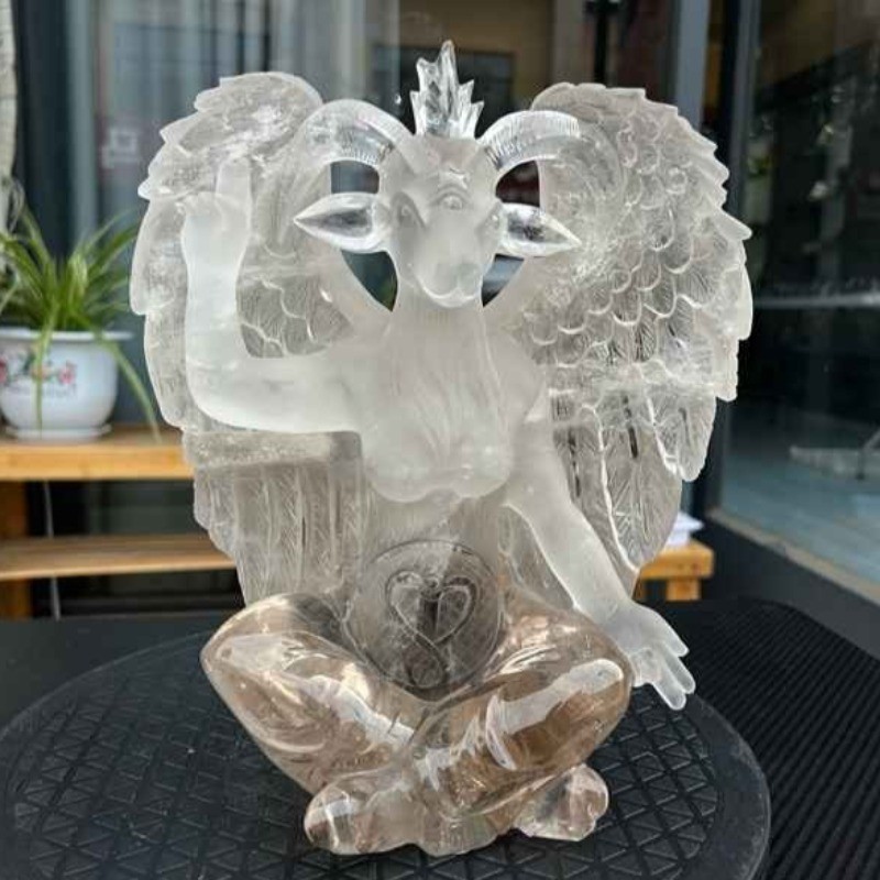 Natural Smoky Clear Quartz Baphomet Goat God Hand Carved Crystal Statue Decor