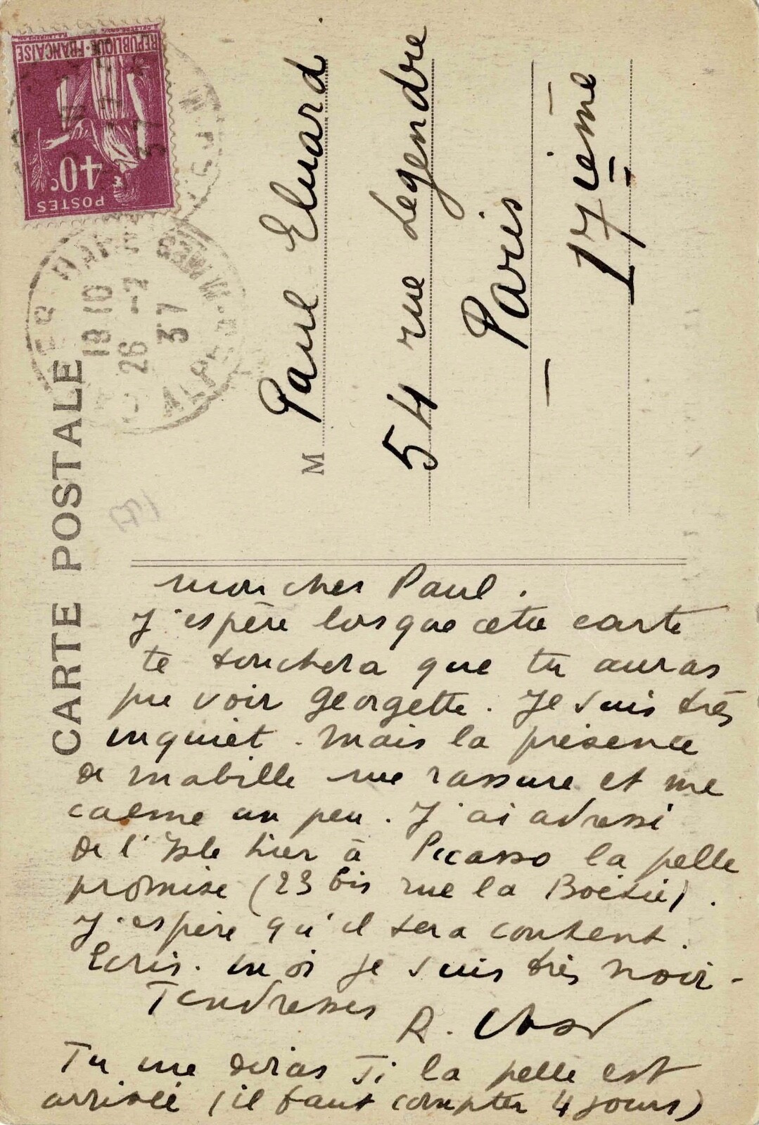 René CHAR - Autograph card signed to Paul ÉLUARD - Son despair and PICASSO. René CHAR - Autograph card signed to Paul ÉLUARD - Son despair and PICASSO.