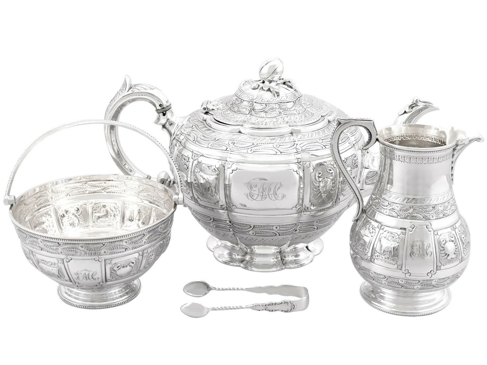 Sterling Silver Three Piece Zodiac Tea Service - Antique Victorian (1882) Sterling Silver Three Piece Zodiac Tea Service - Antique Victorian (1882)