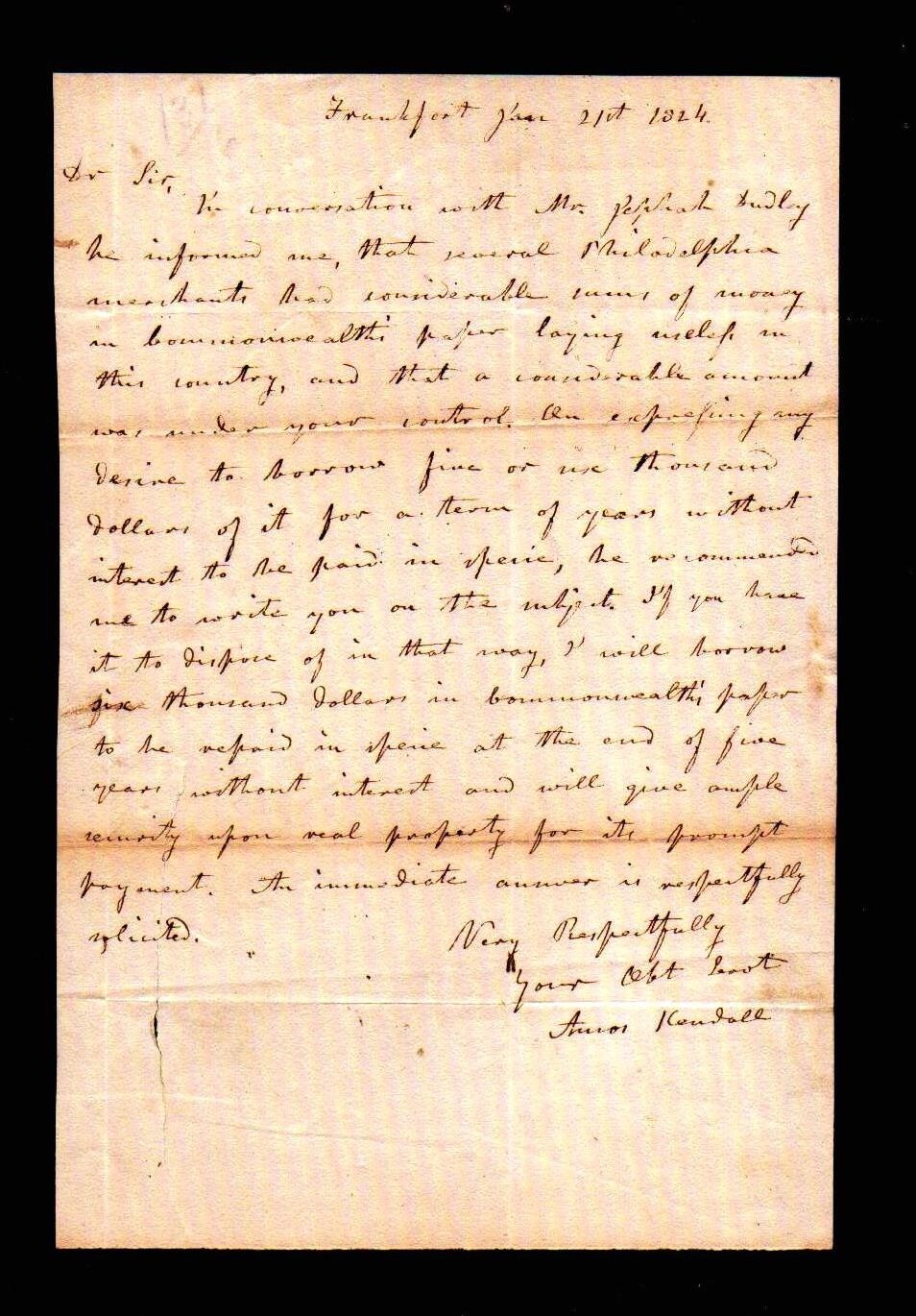 1824 Frankfort Ky - FANTASTIC ALS Amos Kendall - re Money signed letter head