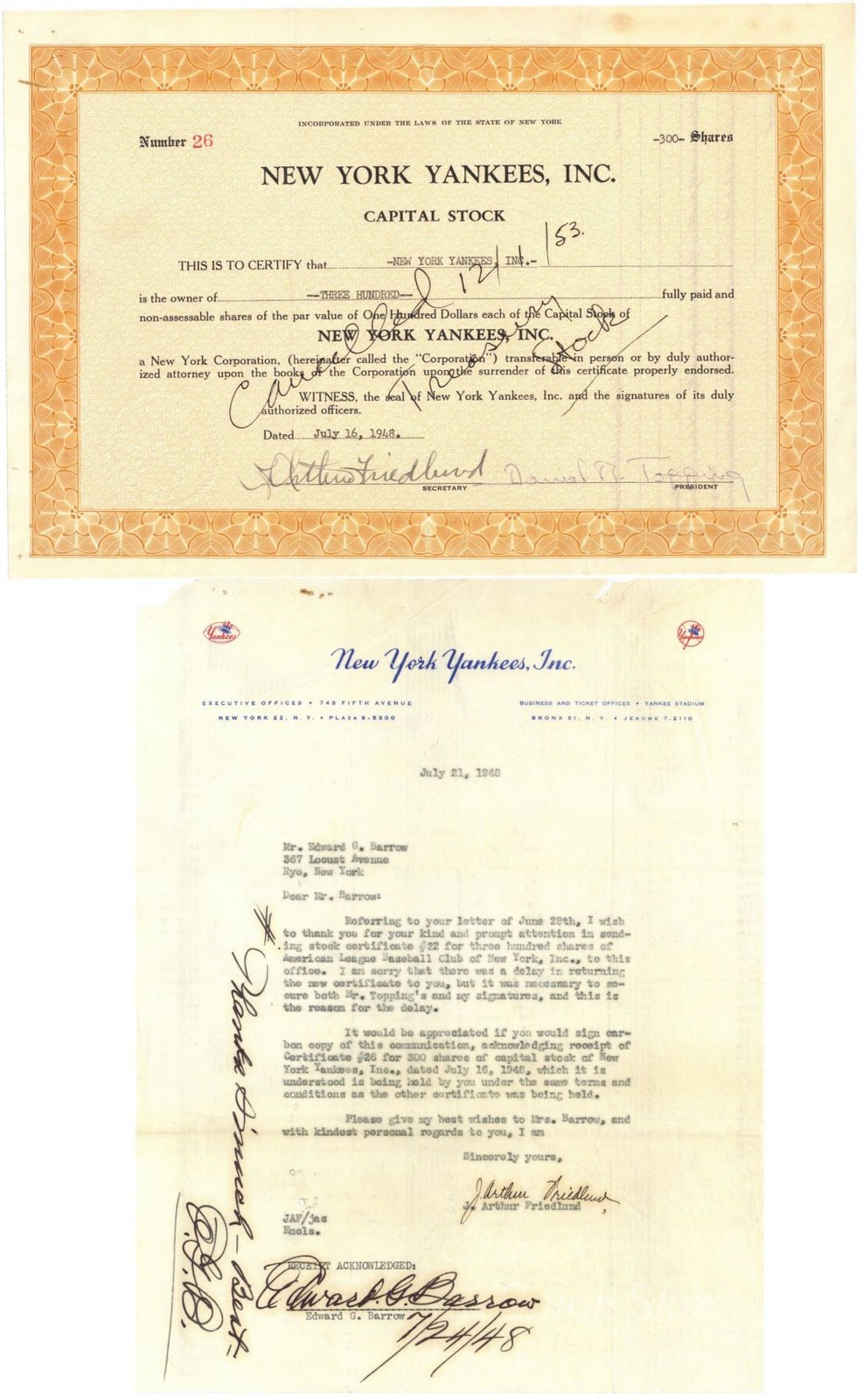Only Known New York Yankees Treasury Stock Certificate in Private Hands - 1948